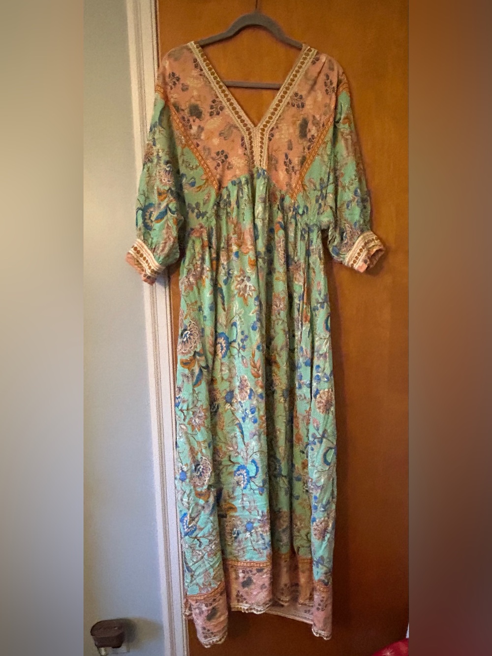 Green Floral size S boho Maxi Dress with Peach Yoke